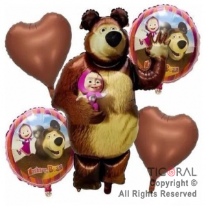 SET DE GLOBOS METALIZADO MASHA Y EL OSO 5 UNIDADES 